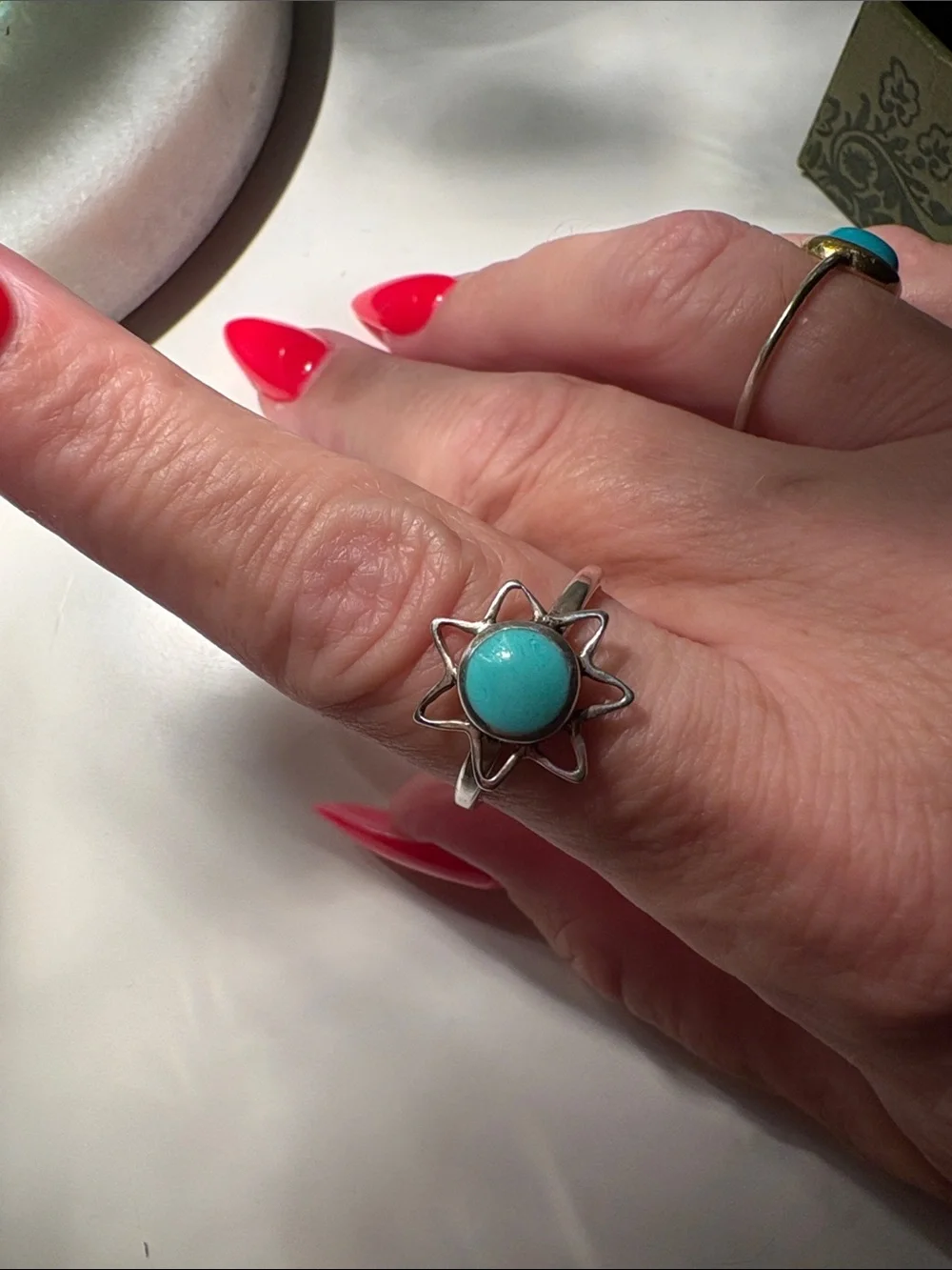 Vintage Turquoise Sunburst Ring - Sterling Silver